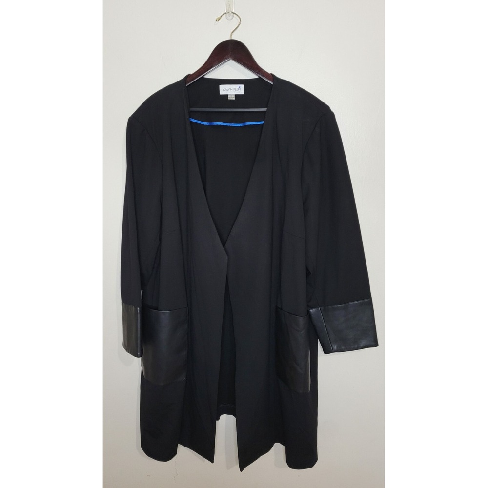CALVIN KLEIN Black Faux Longline Leather Topper Jacket Minimalist Lagenlook 24W - Picture 2 of 7